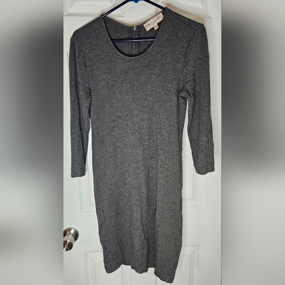 Philosophy Women's Grey 3/4 Sleeve 37" Dress.  Zipped Back. Size Medium
